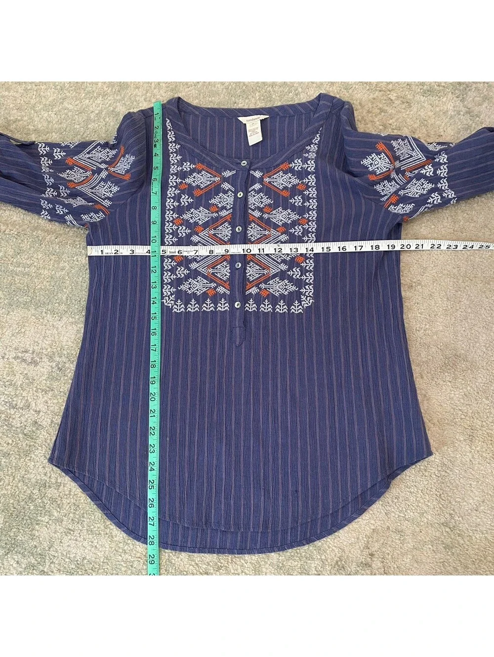 Sundance Top Medium Embroidered Cotton Henley Boho 3/4 Sleeve Pilgrim Pioneer